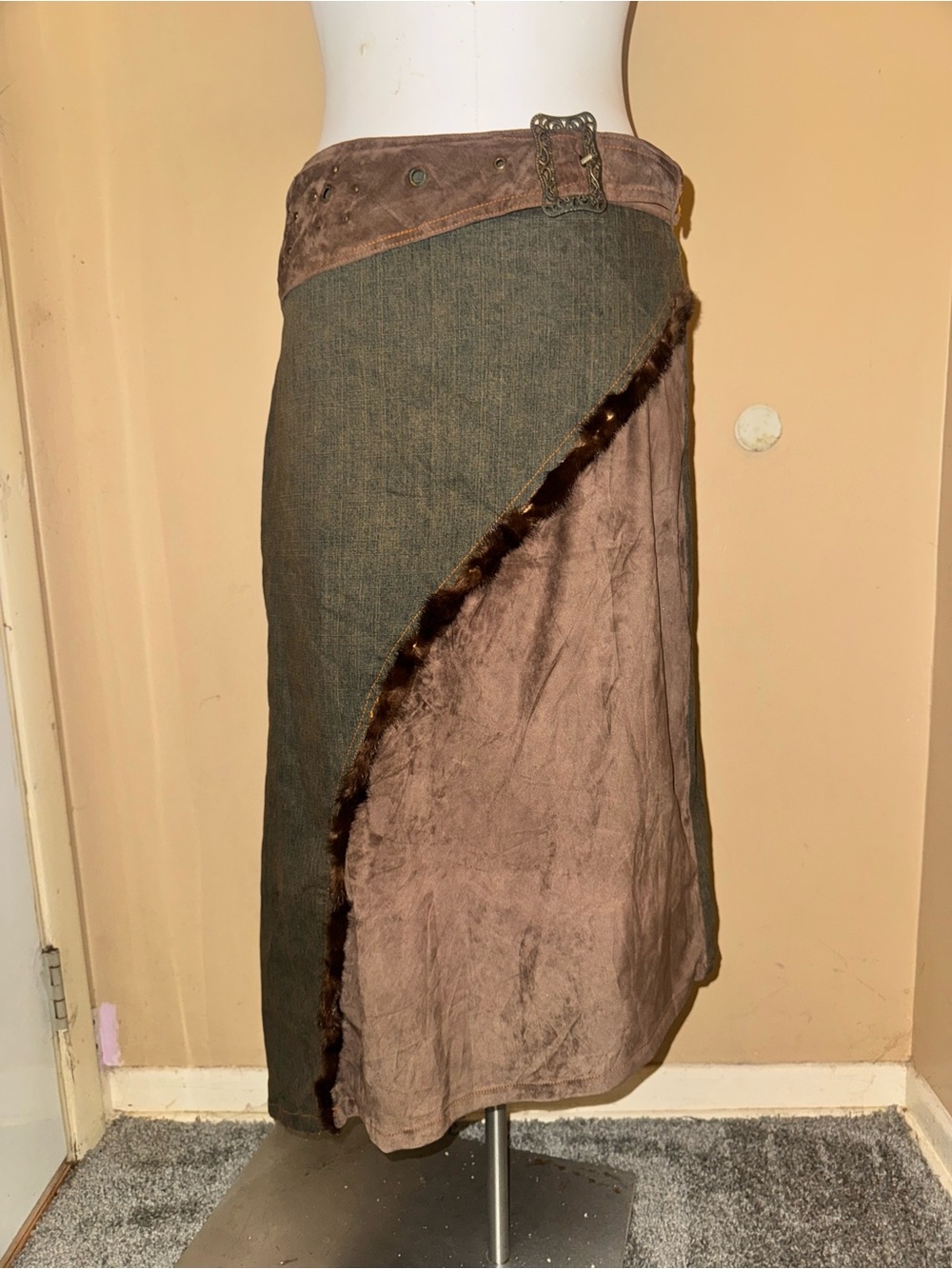 vintage euro core denim skirt with mink fur & adjustable chunky grommet belt